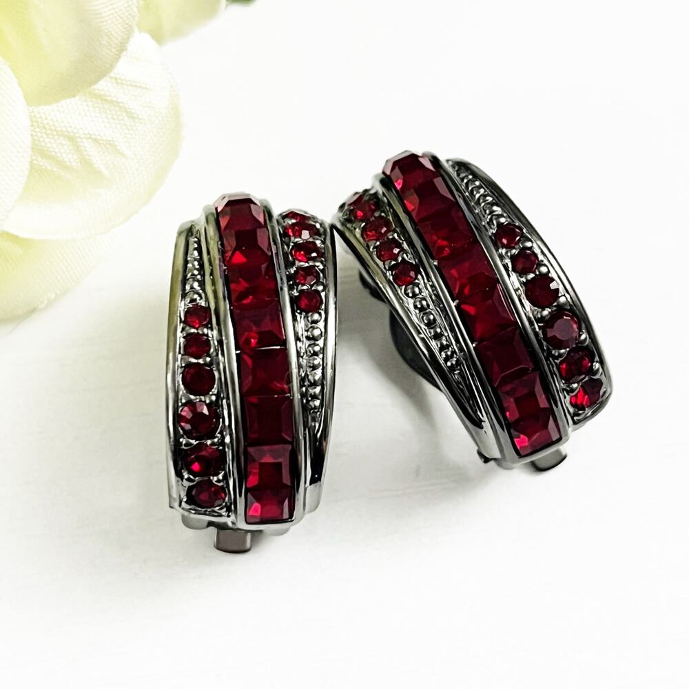 Rare Givenchy Vintage Ruby Red Crystals with Gunmetal Clip Hoop Earrings